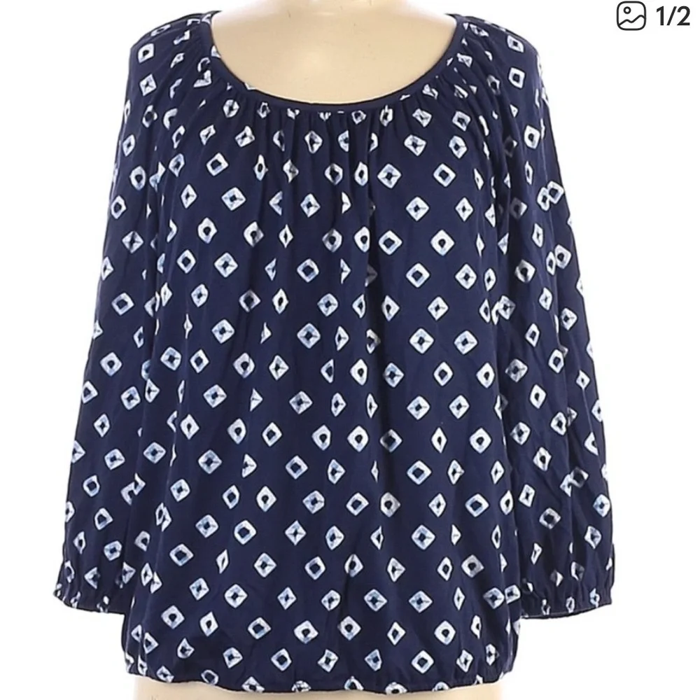 Michael Kors Navy Geometric Print Top M 3/4 Sleeve Scoop Neck Blouse Workwear